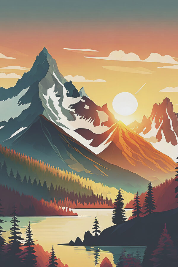 A mountain range with trees and a lake