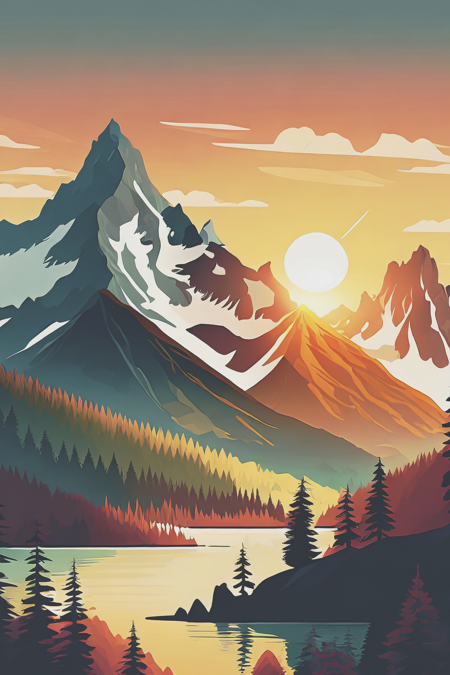 A mountain range with trees and a lake