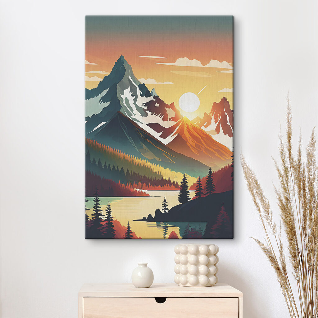 A mountain range with trees and a lake