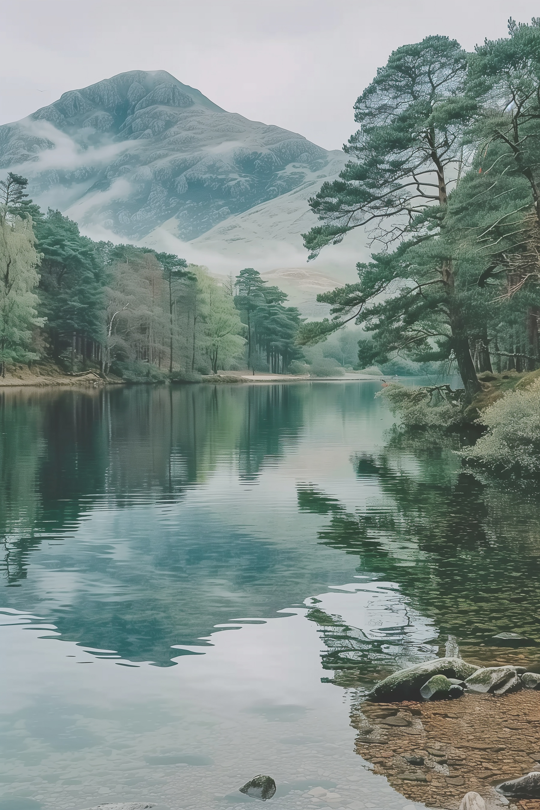 A lake surrounded by trees and mountains A lake surrounded by trees and mountains