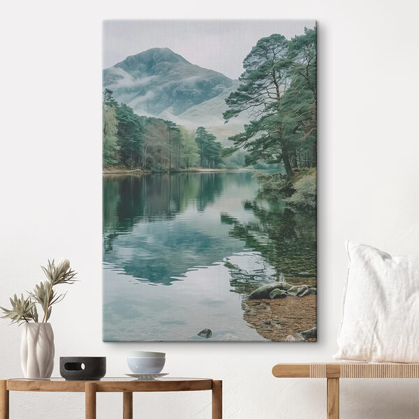 A lake surrounded by trees and mountains A lake surrounded by trees and mountains