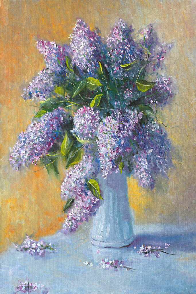 A painting of a bouquet of purple flowers in a white vase