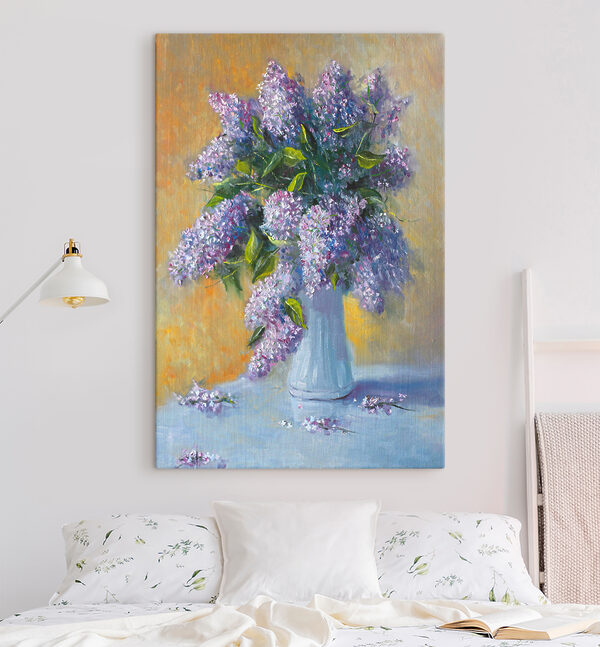 A painting of a bouquet of purple flowers in a white vase