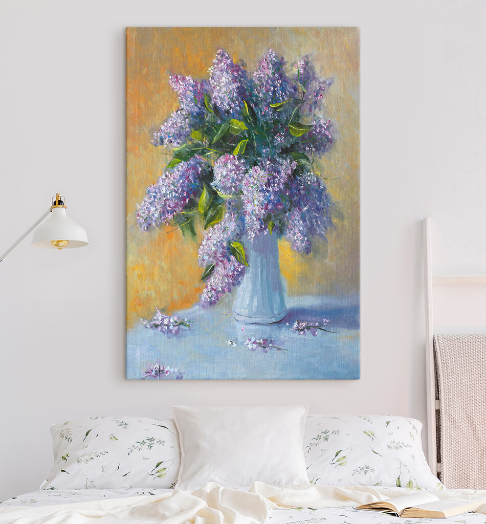 A painting of a bouquet of purple flowers in a white vase