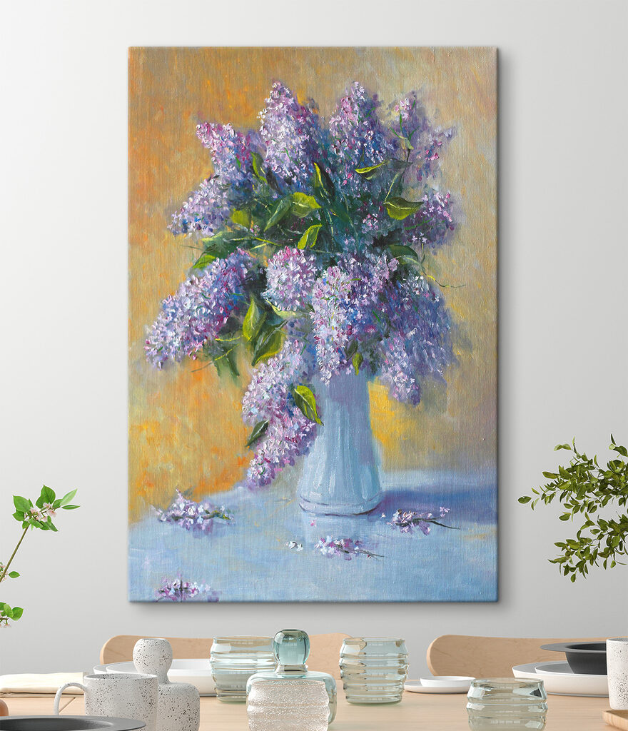 A painting of a bouquet of purple flowers in a white vase