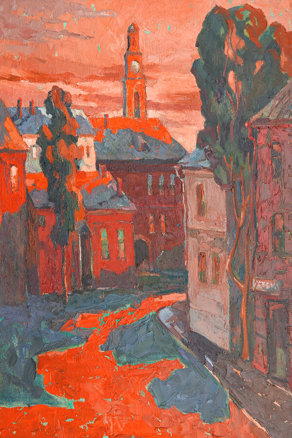 A painting of a street with buildings and trees A painting of a street with buildings and trees