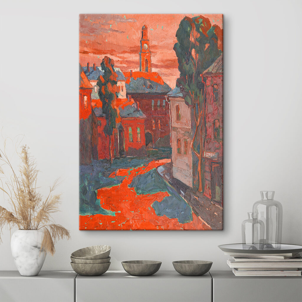 A painting of a street with buildings and trees A painting of a street with buildings and trees