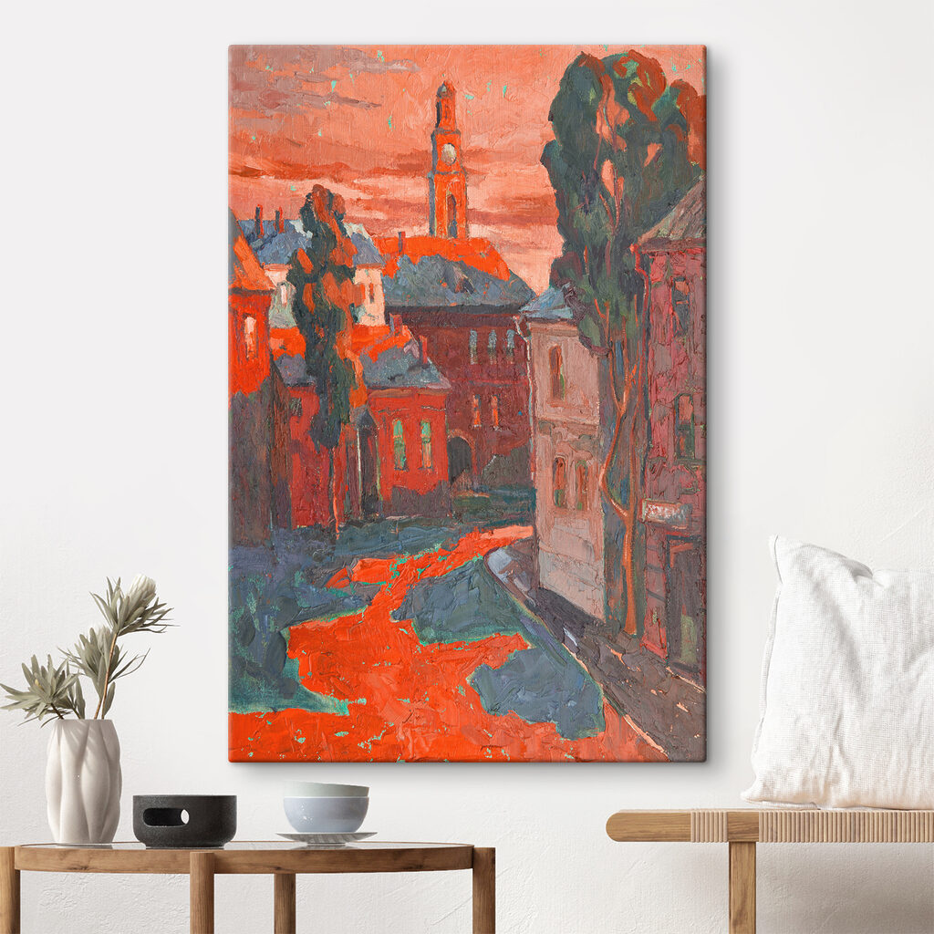 A painting of a street with buildings and trees A painting of a street with buildings and trees