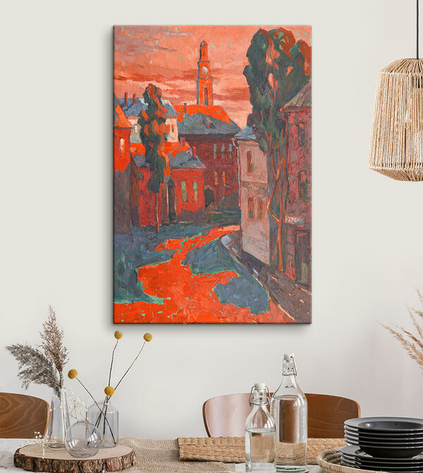 A painting of a street with buildings and trees A painting of a street with buildings and trees