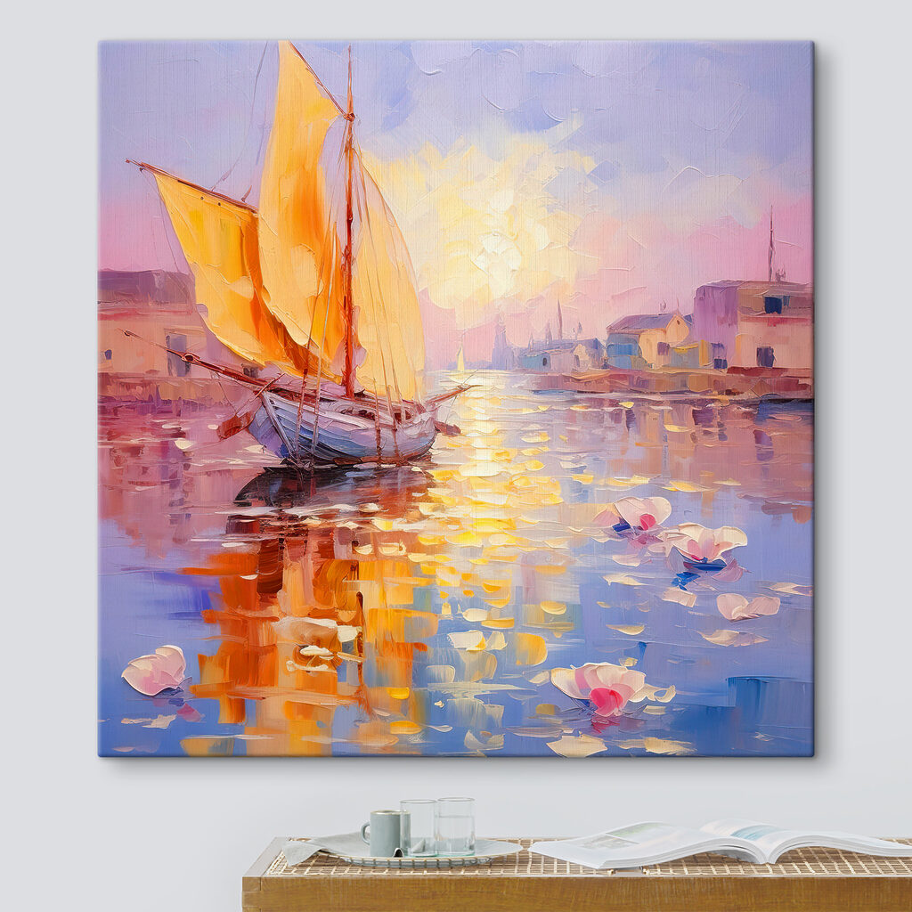 A painting of a sailboat in a harbor A painting of a sailboat in a harbor