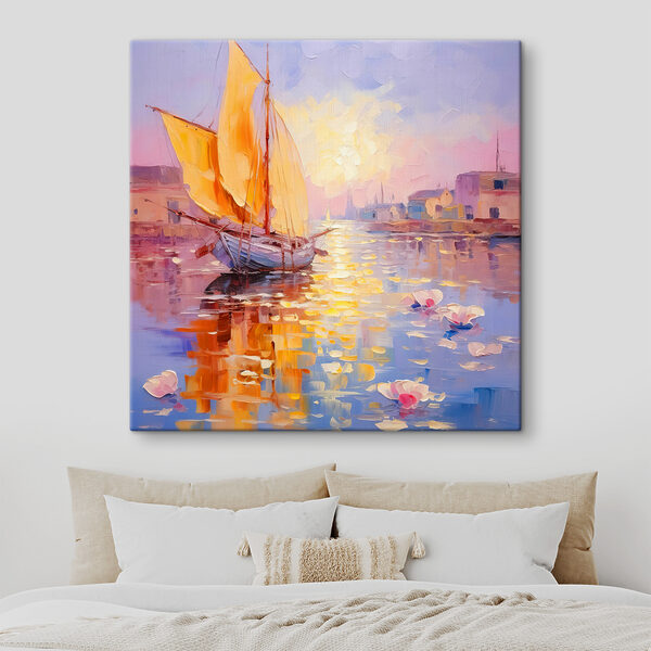 A painting of a sailboat in a harbor A painting of a sailboat in a harbor
