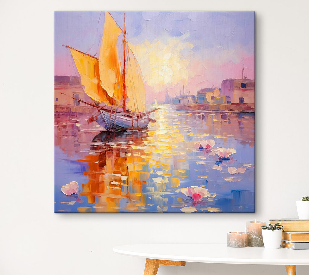 A painting of a sailboat in a harbor A painting of a sailboat in a harbor