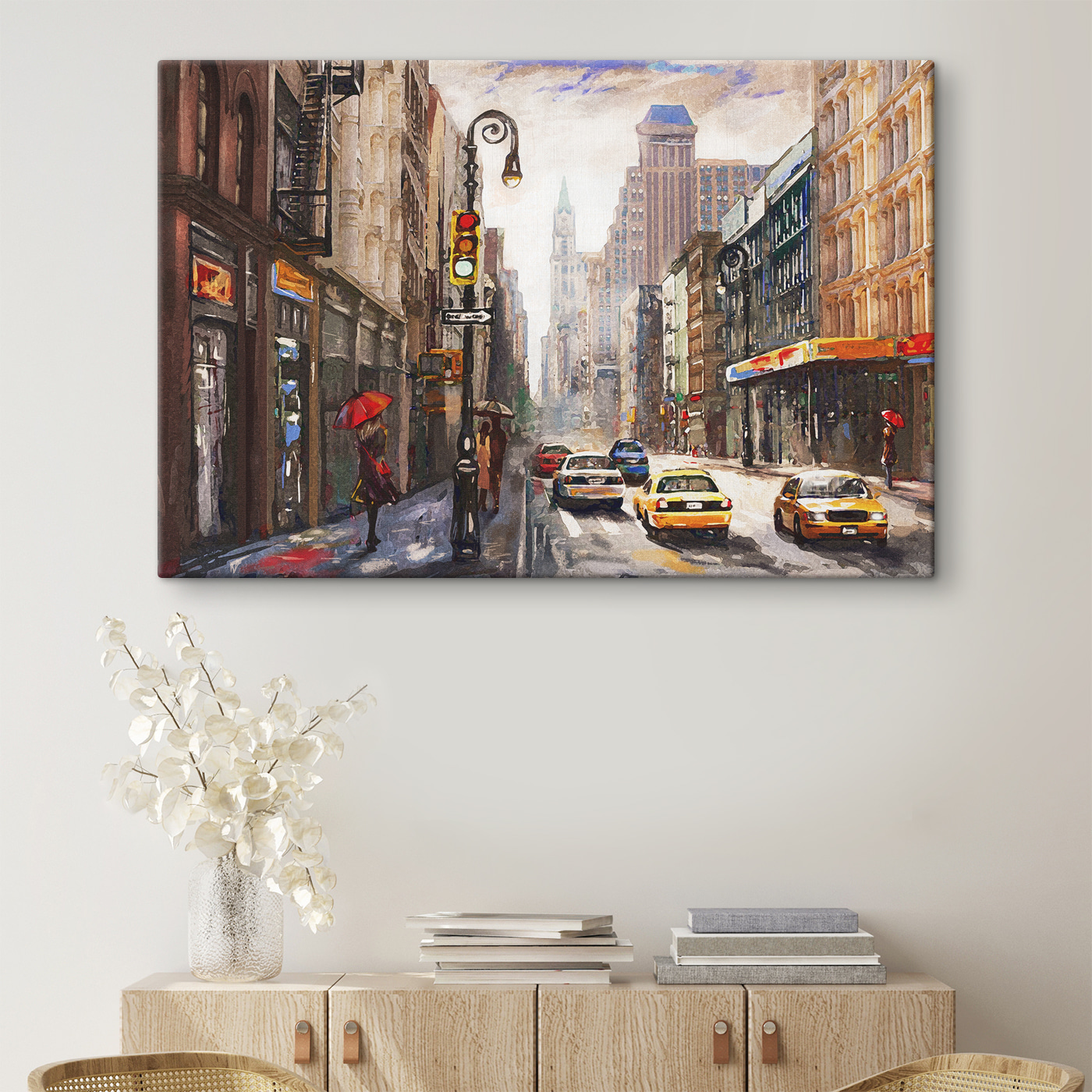 A watercolor of a city street with cars and people