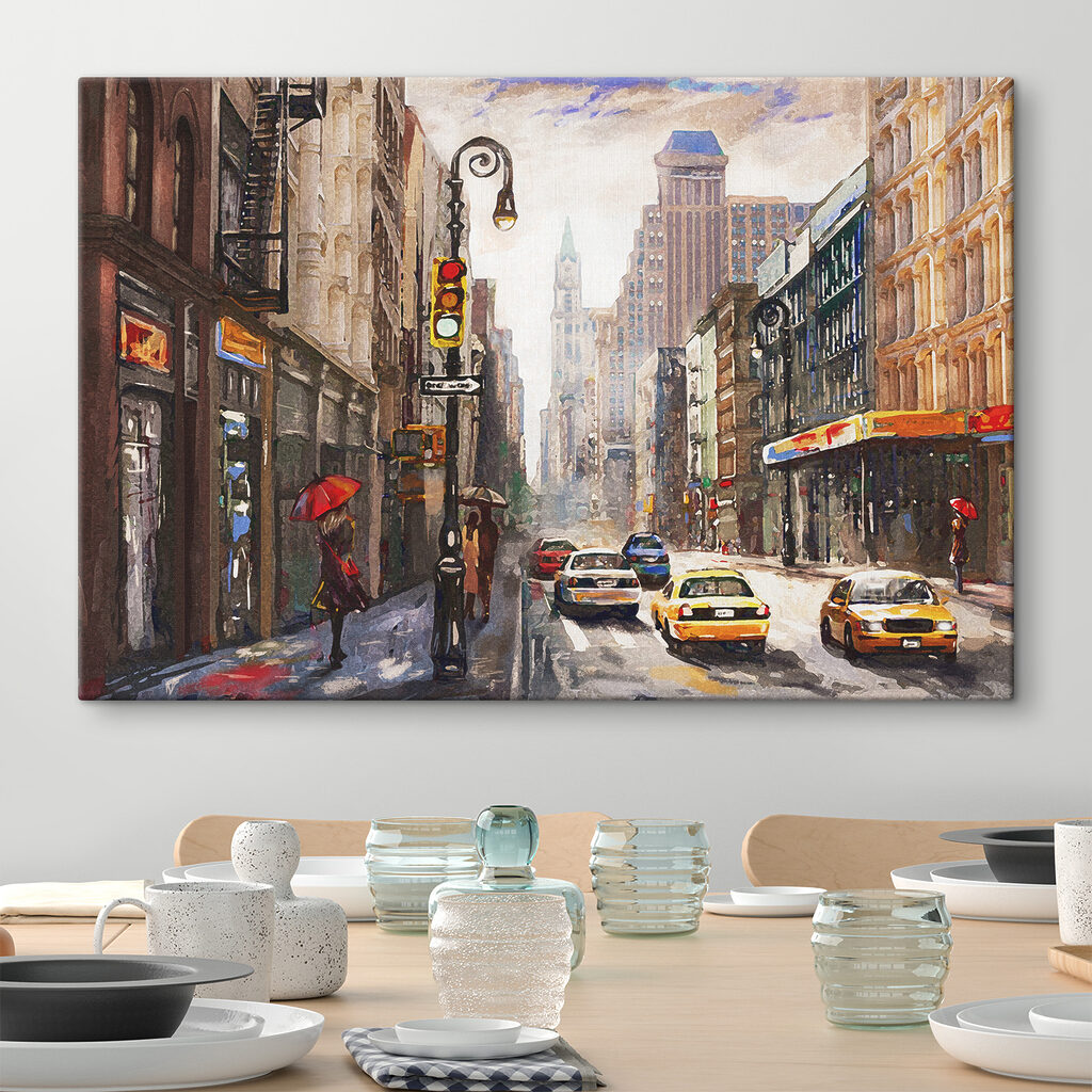 A watercolor of a city street with cars and people