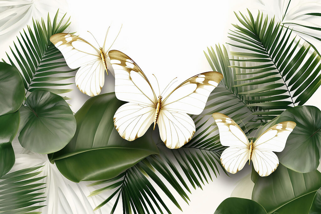 Butterflies on a white background with green leaves Butterflies on a white background with green leaves
