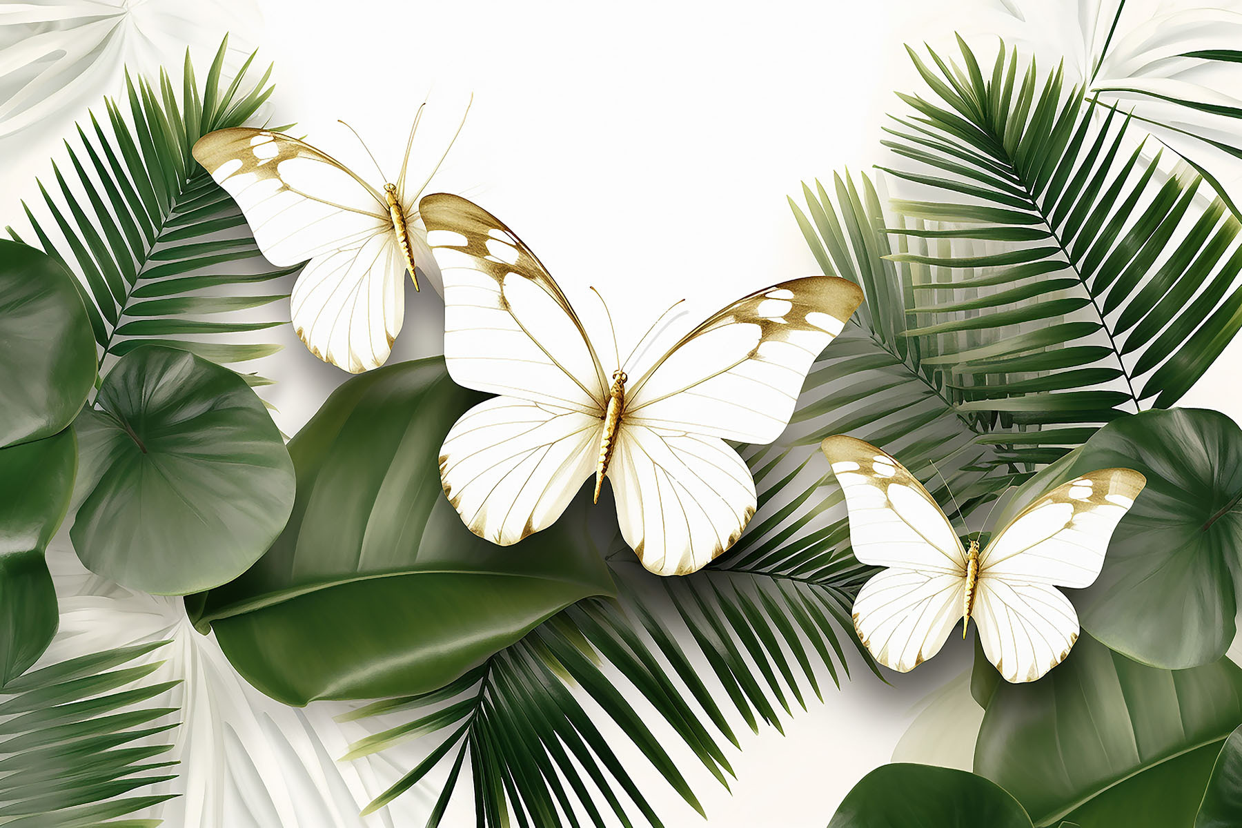 Butterflies on a white background with green leaves Butterflies on a white background with green leaves