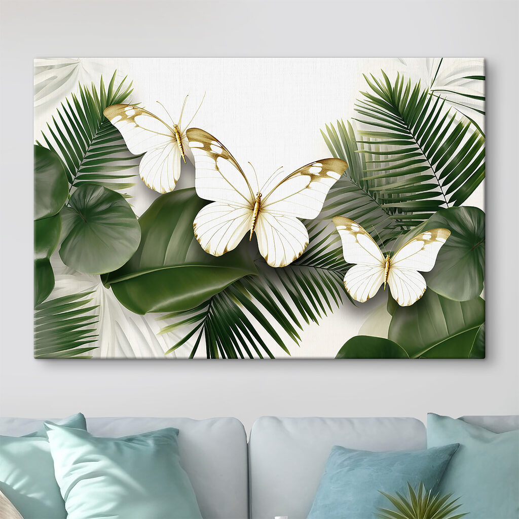Butterflies on a white background with green leaves Butterflies on a white background with green leaves