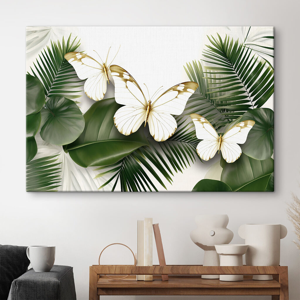 Butterflies on a white background with green leaves Butterflies on a white background with green leaves