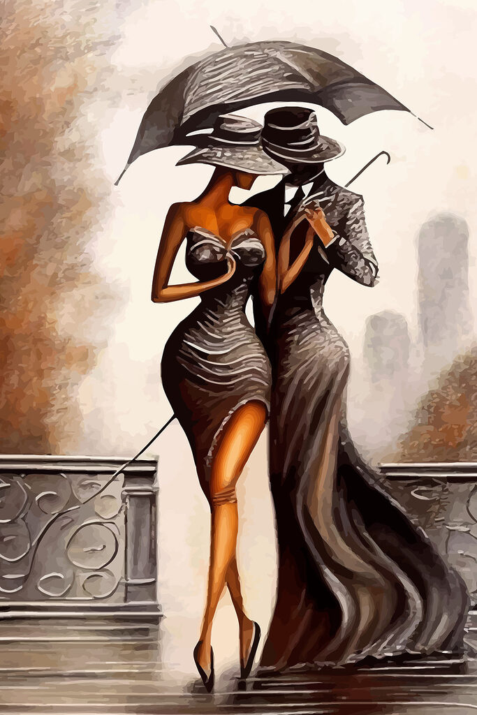 A painting of a man and woman in a dress and hat A painting of a man and woman in a dress and hat