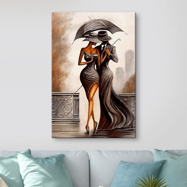 A painting of a man and woman in a dress and hat A painting of a man and woman in a dress and hat