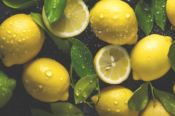A group of lemons with leaves
