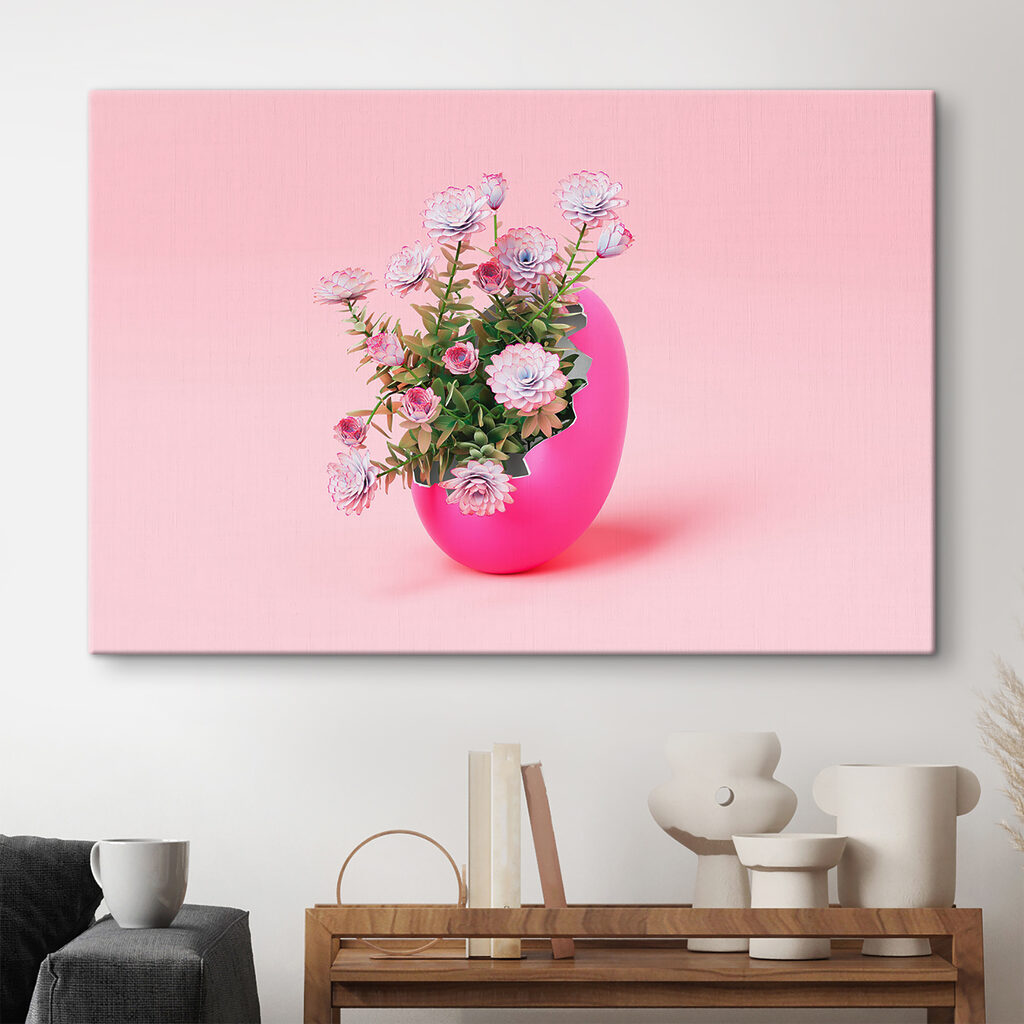 A pink egg with flowers inside