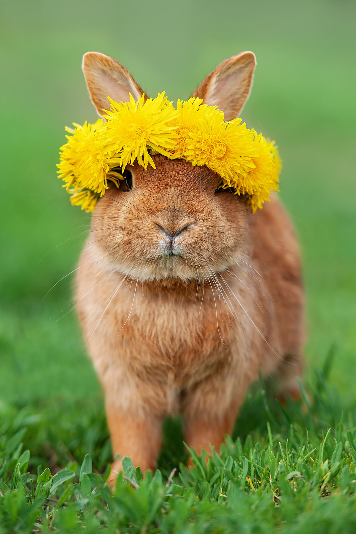 A rabbit wearing a wreath of dandelions A rabbit wearing a wreath of dandelions