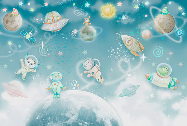 Una escena espacial de dibujos animados con planetas y estrellas Una escena espacial de dibujos animados con planetas y estrellas