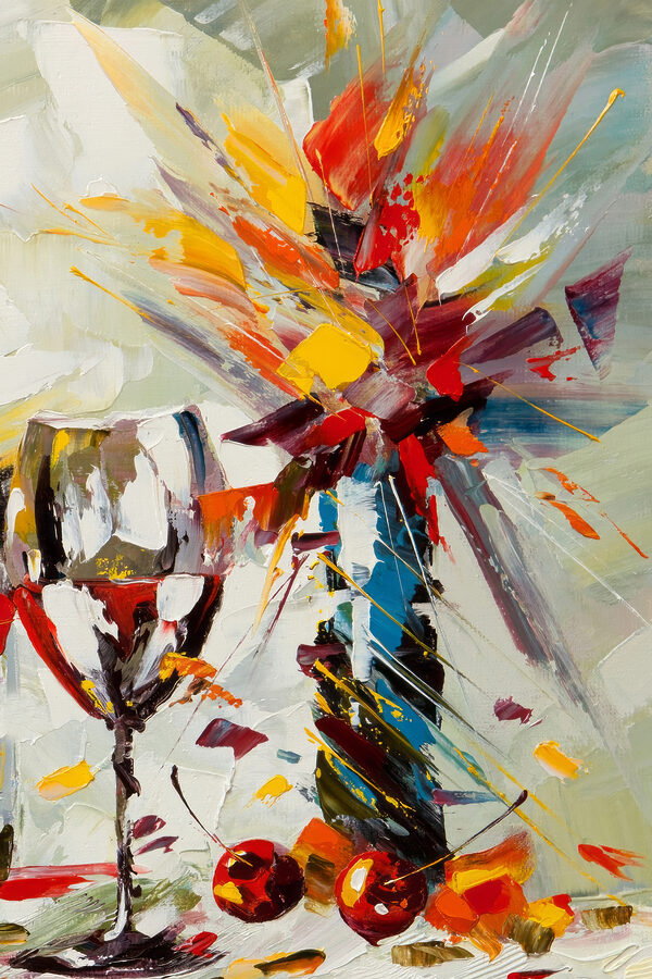 A painting of a wine glass and a vase