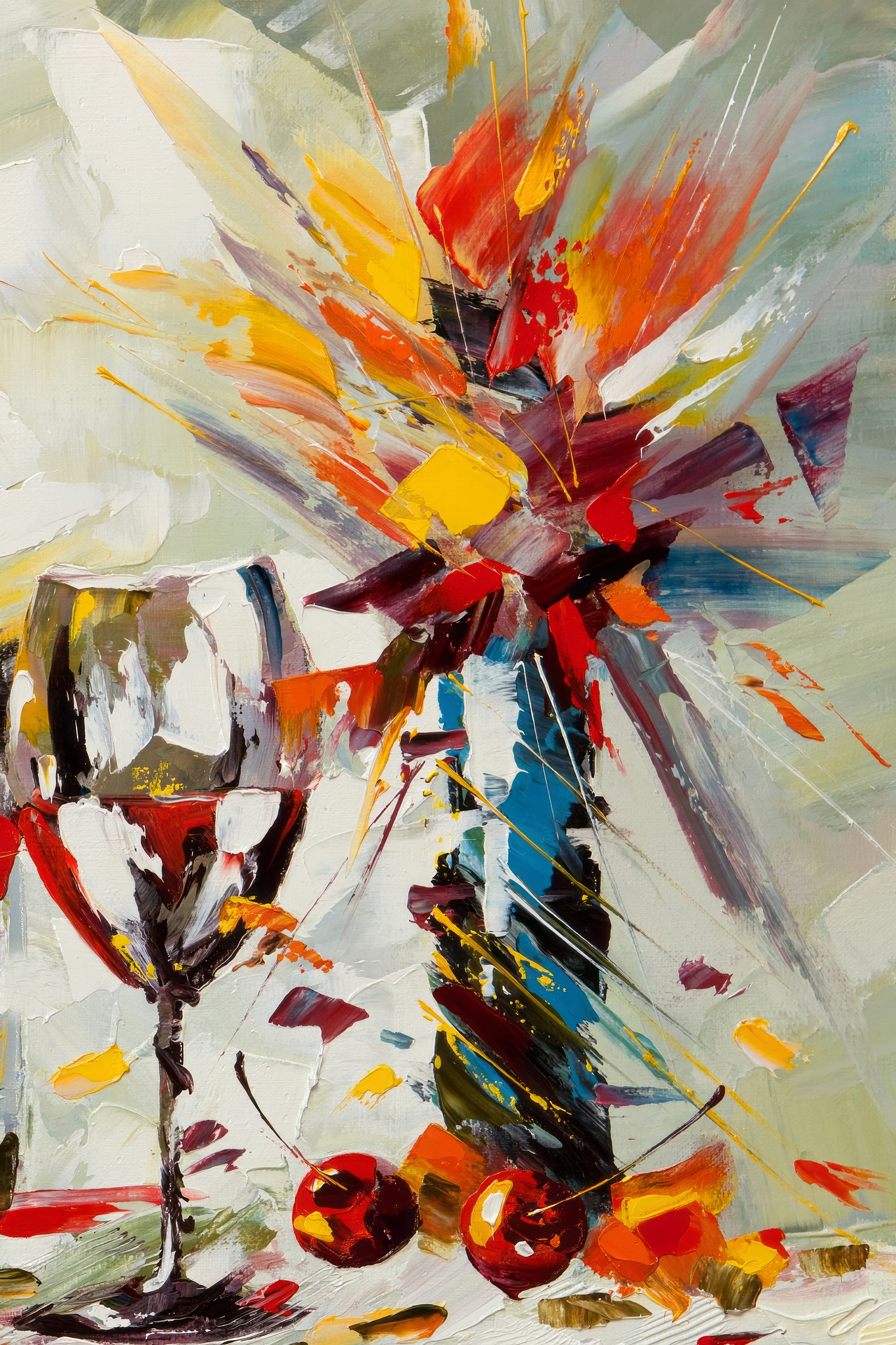 A painting of a wine glass and a vase