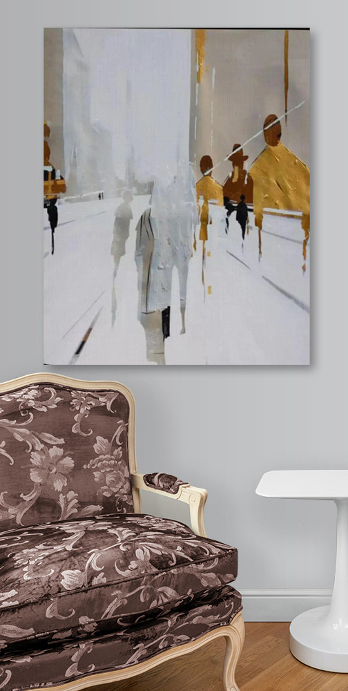 A painting of people walking on a snowy street