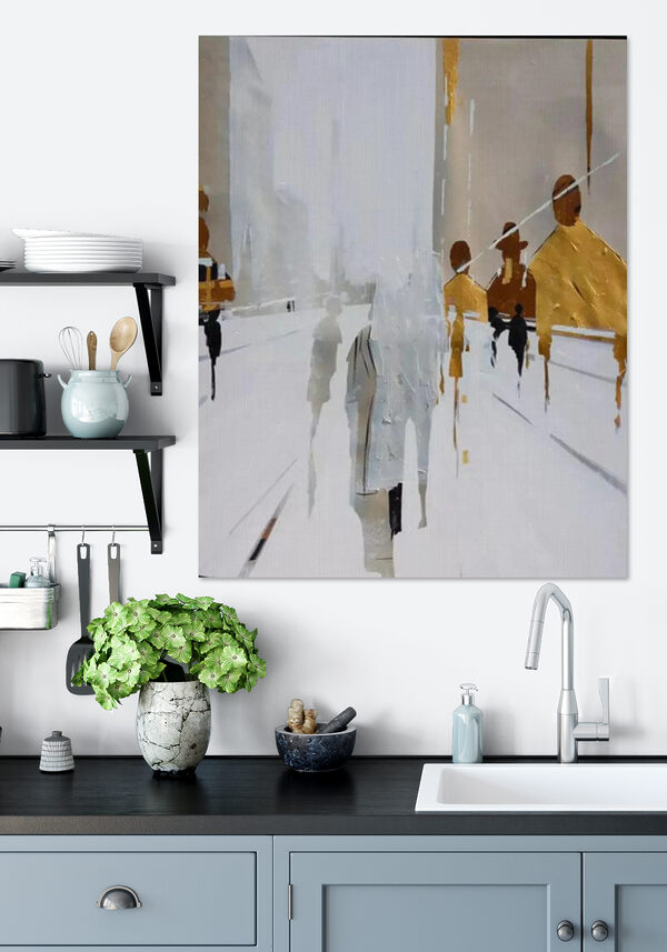 A painting of people walking on a snowy street