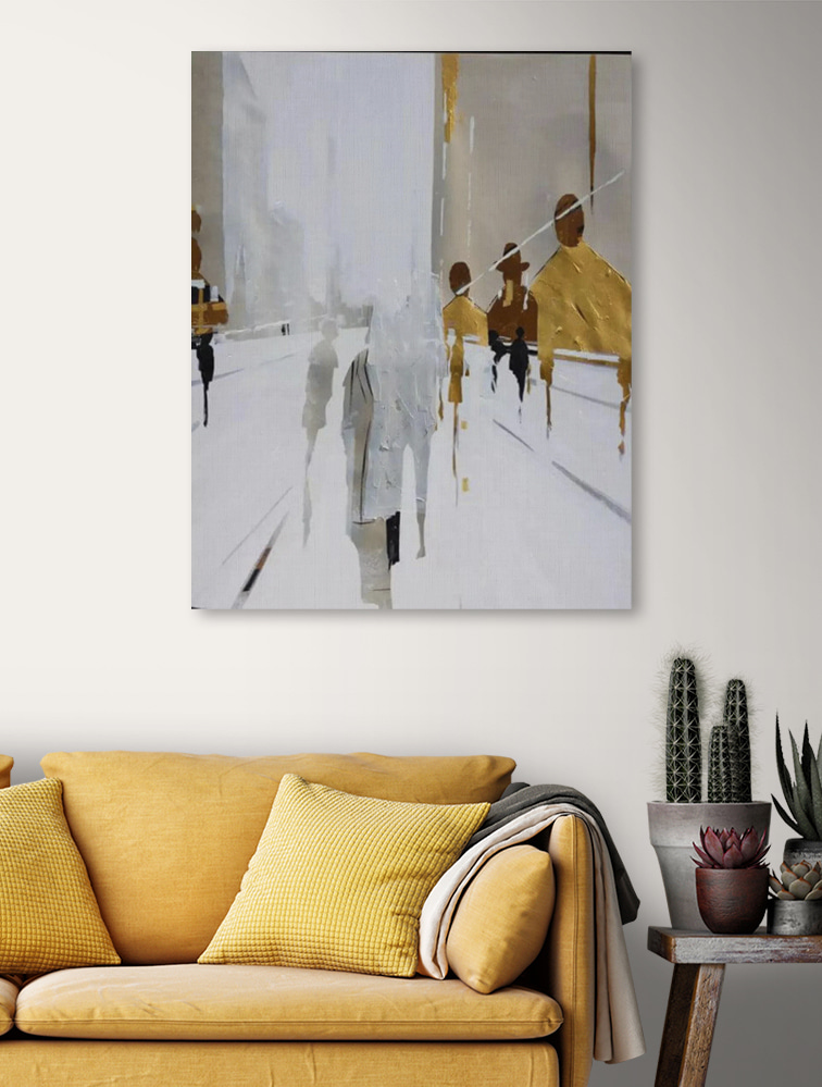 A painting of people walking on a snowy street