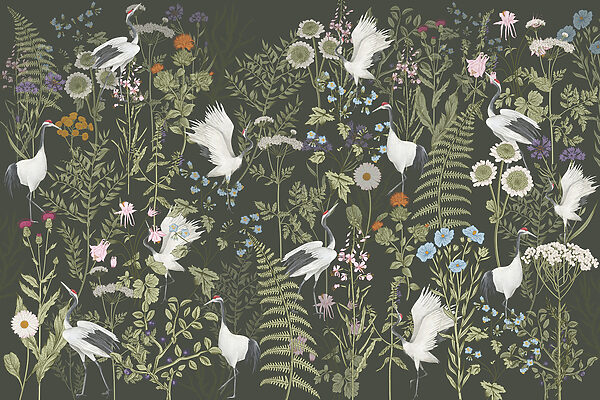 Un papel pintado con pájaros y flores Un papel pintado con pájaros y flores