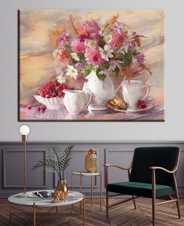 Cuadros Un cuadro en el que se ven flores en un jarrón y un cuenco con cruasanes (SKU: s29240) Cuadros Cuadros Un cuadro en el que se ven flores en un jarrón y un cuenco con cruasanes (SKU: s29240)