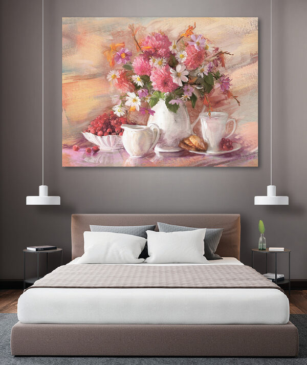 A painting of flowers in a vase and a bowl of croissants