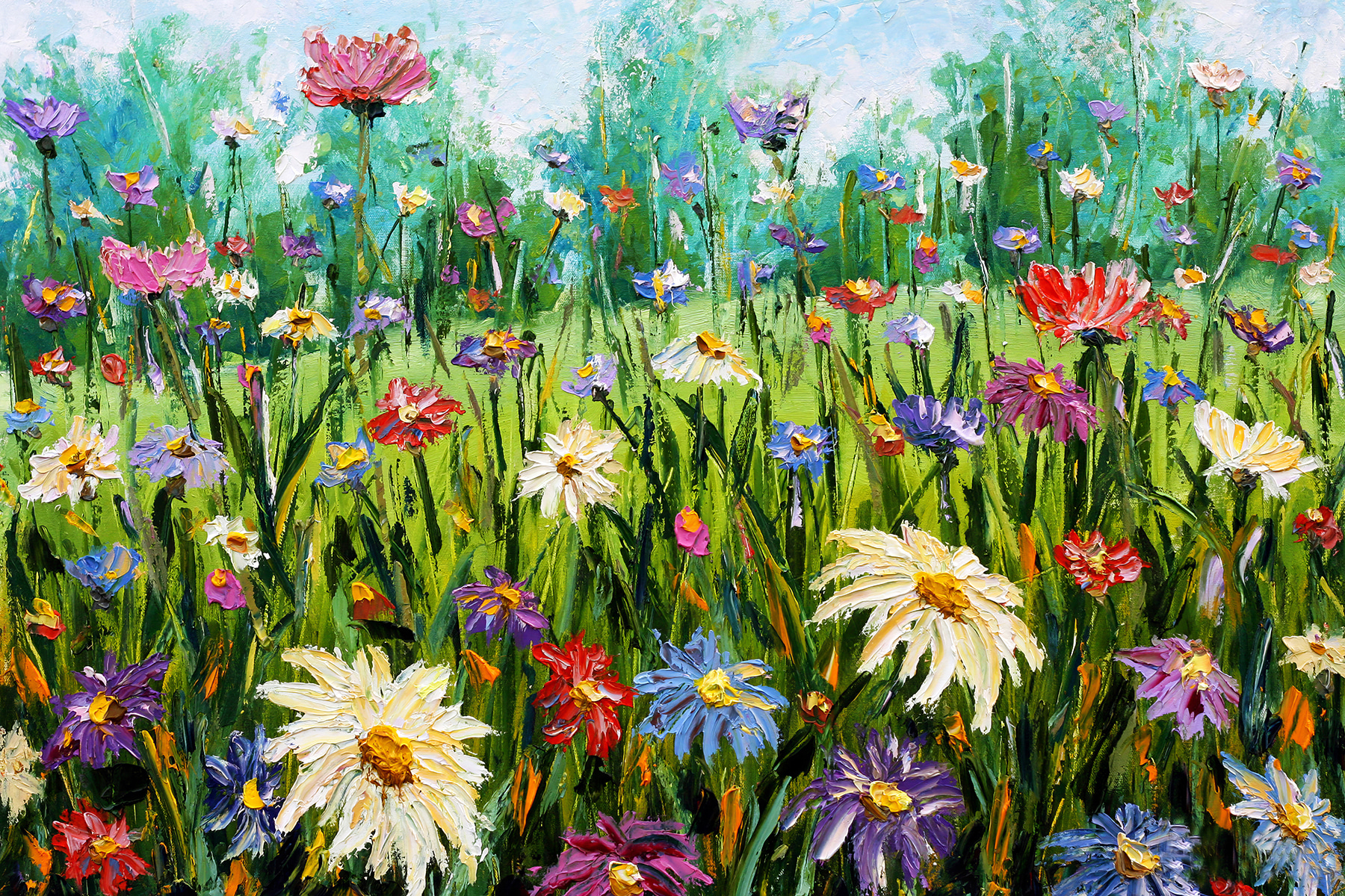 A painting of flowers in a field A painting of flowers in a field