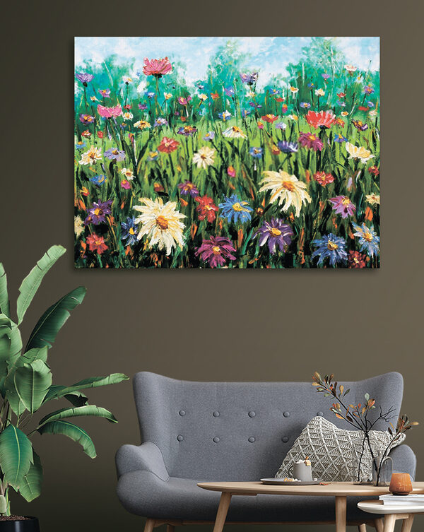 A painting of flowers in a field A painting of flowers in a field