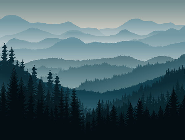 Un paisaje de montañas con árboles Un paisaje de montañas con árboles
