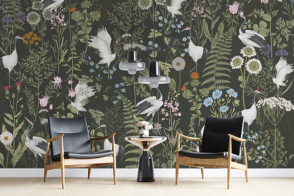Un papel pintado con pájaros y flores Un papel pintado con pájaros y flores
