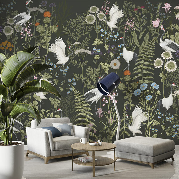 Un papel pintado con pájaros y flores Un papel pintado con pájaros y flores