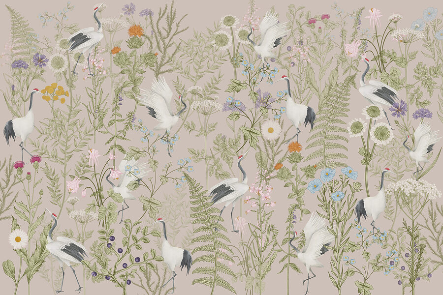 Un papel pintado con pájaros y plantas