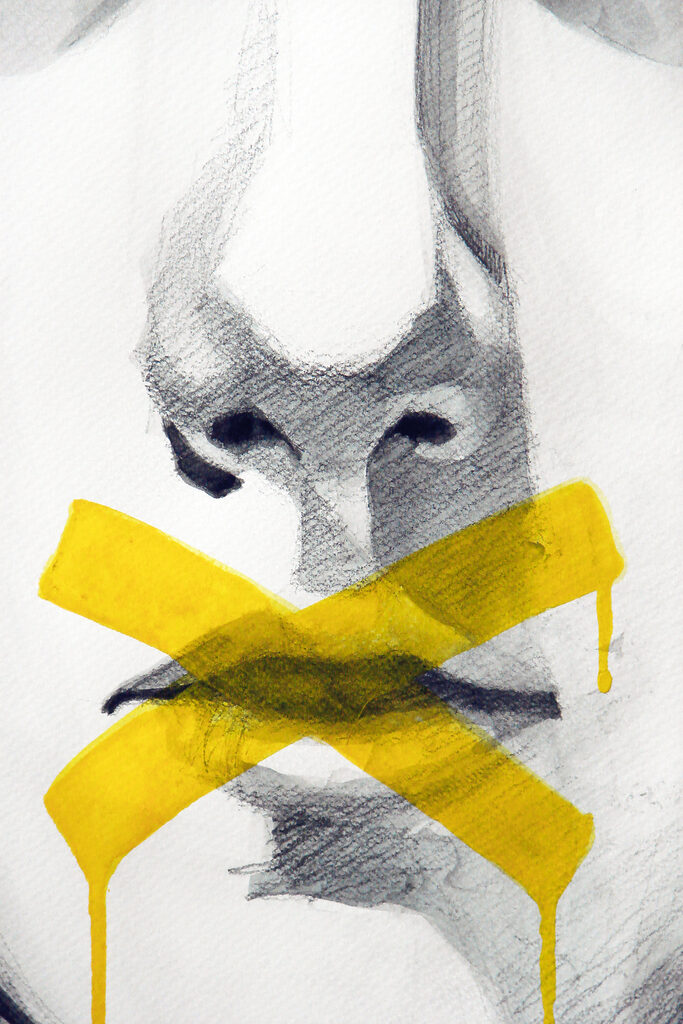 A drawing of a person's face with a yellow tape A drawing of a person's face with a yellow tape