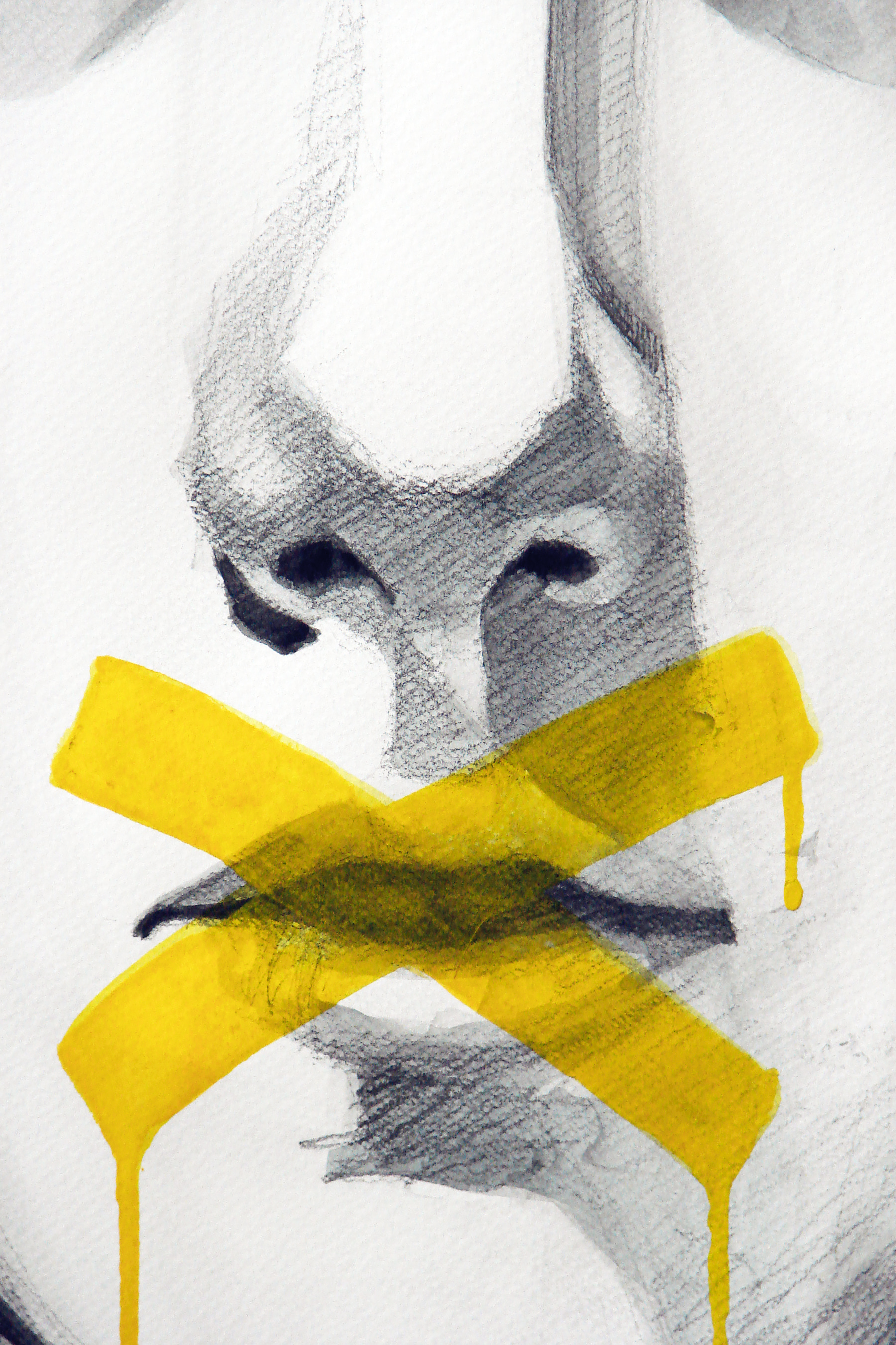 A drawing of a person's face with a yellow tape A drawing of a person's face with a yellow tape