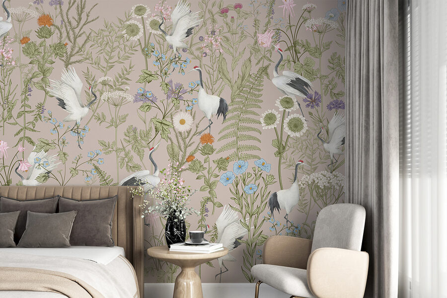 Un papel pintado con pájaros y plantas