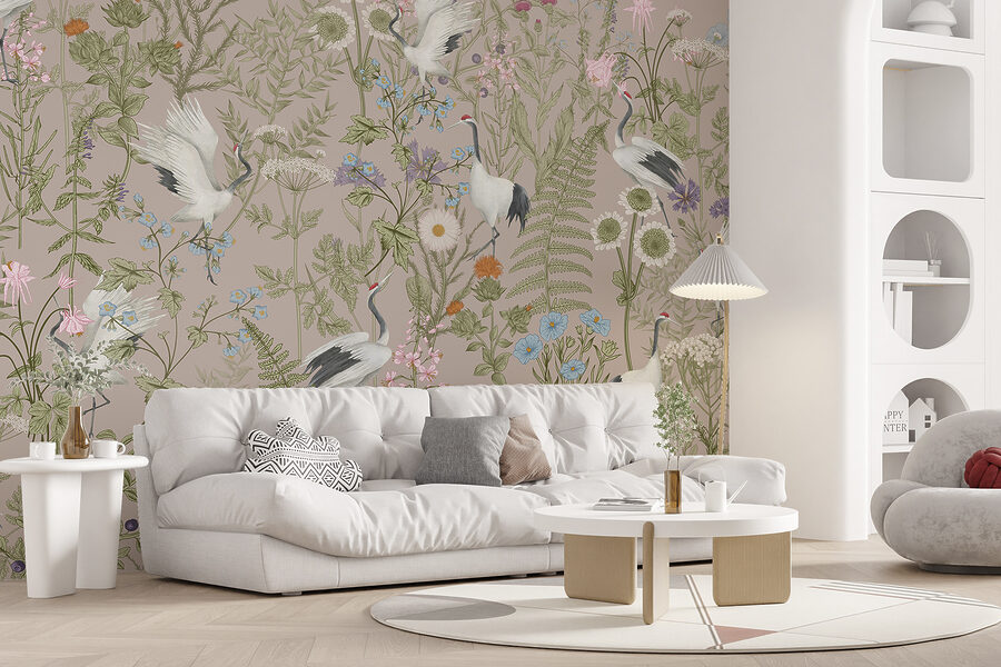 Un papel pintado con pájaros y plantas