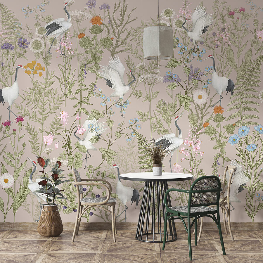 Un papel pintado con pájaros y plantas