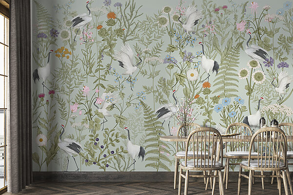 Un papel pintado con pájaros y plantas Un papel pintado con pájaros y plantas