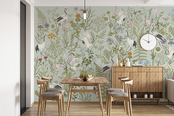 Un papel pintado con pájaros y plantas Un papel pintado con pájaros y plantas