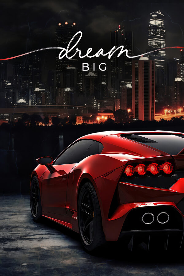 A red sports car in front of a city skyline